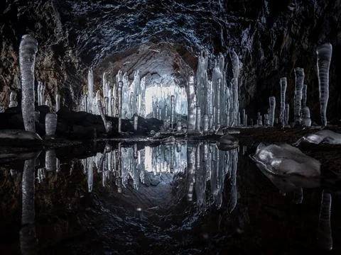 Reverse icicles Made in Winter Cave, Reflected Stock Photos
