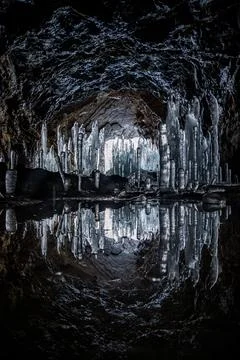 Reverse icicles Made in Winter Cave, Reflected Stock Photos