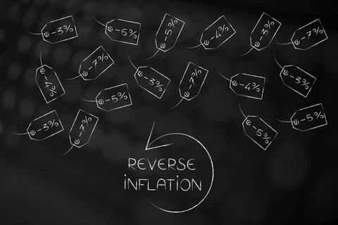 Reverse Inflation text with arrow going backward and labels with percentage.. Stock Photos