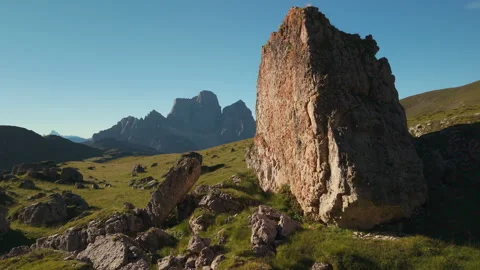 Reverse Orbit Drone Flight Around Boulder Near Mondeval Stock Footage 336857990
