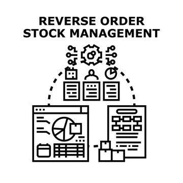 Reverse order stock management process outlining logistics, inventory, and re Stock Illustration