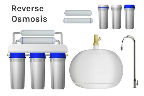 Reverse osmosis kit, filter, expansion tank and faucet. Stock Illustration
