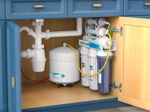 Reverse osmosis water purification system under sink in a kitchaen.  Water cl Иллюстрация