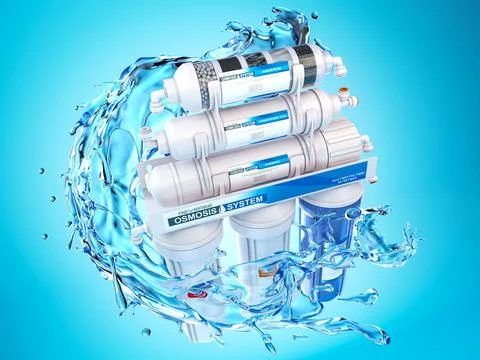 Reverse osmosis water purification system with water splashes on blue backg.. Stock Illustration