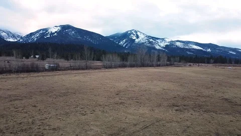 Reverse overhead shot cruising down a empty pasture toward tree line with sno Stock Footage 125050623