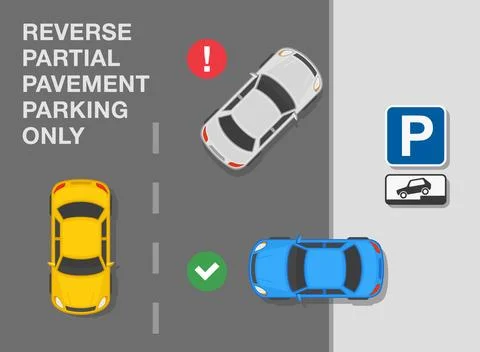 Reverse partial pavement parking only. Top view of a correct and incorrect park. Stock Illustration