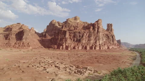 Reverse reveal tilt down aerial. Palms, mountain, rocks. Saudi Arabia. 4K Stock Footage 196827741