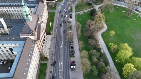 Reverse riverfront reveal toward old town skyline Stock Footage 331199285