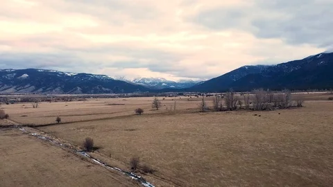 Reverse shot over open fields with snow capped mountains in the distance Stock Footage 125050651