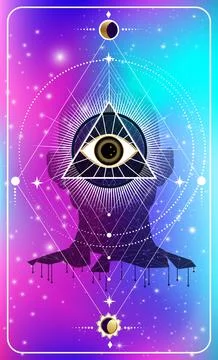 Reverse side of the divination card. All-seeing eye, man, cosmic mind. Stock Illustration
