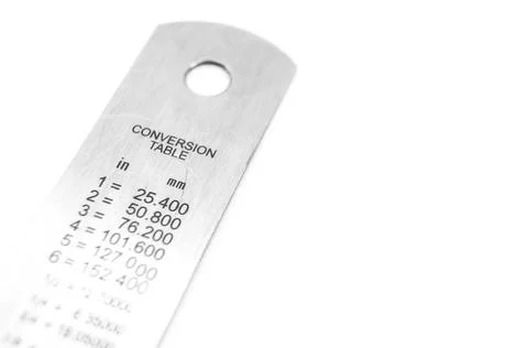 The reverse side of the metal ruler with a conversion table. Measuring ruler Stock Photos