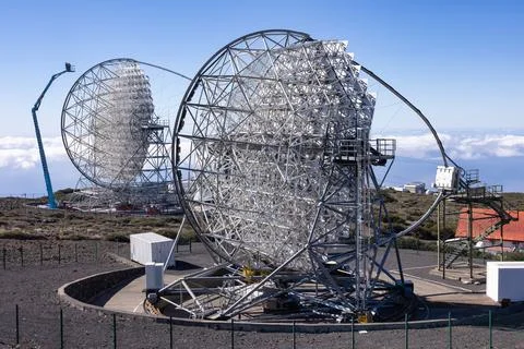 Reverse side mirror telescope at mountain peak La Palma Stock Photos