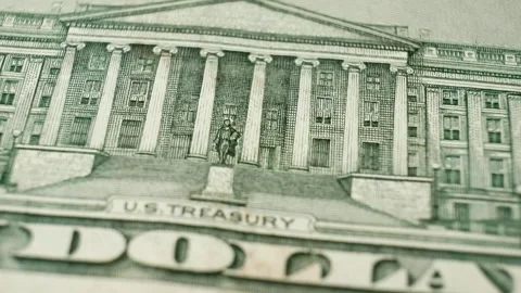 Reverse side of ten dollar bill with United States Department of the Treasury Stock-Footage 339771011