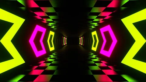 Reverse Tunnel with Light Green and Pink Neon Direction Arrows in 4K Stock Footage 277649576