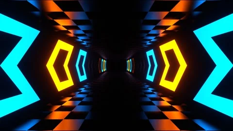 Reverse Tunnel with Orange and Blue Neon Direction Arrows in 4K Stock Footage 277649537