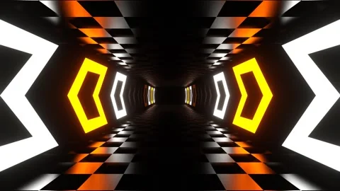 Reverse Tunnel with Orange and White Neon Direction Arrows in 4K Stock Footage 277649829