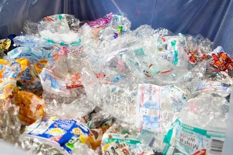 Reverse vending machine, PET crusher, crushed plastic bottles Stock Photos