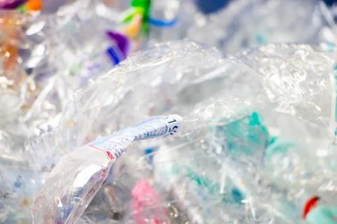 Reverse vending machine, PET crusher, crushed plastic bottles Stock Photos