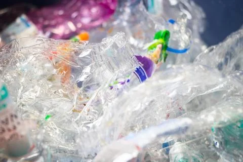 Reverse vending machine, PET crusher, crushed plastic bottles Stock Photos