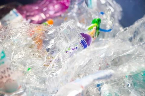 Reverse vending machine, PET crusher, crushed plastic bottles Stock Photos