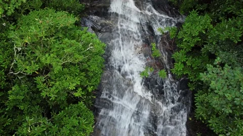 Reverse view over edge of mountain waterfall Stock Footage 158324422