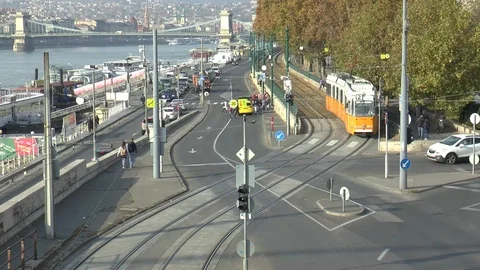 Reversed Time-Lapse Budapest Chain Bridge And Passing Tram Stock Footage 99863296