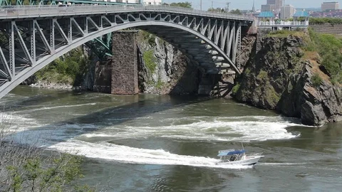 Reversing Fall High Tide Boat passing by Stock Footage 113876015