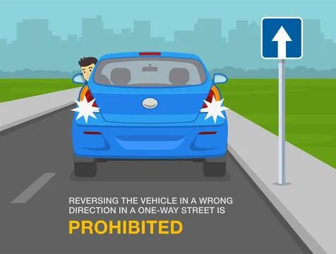 Reversing the vehicle in a wrong direction in a one-way street is prohibited. Stock Illustration