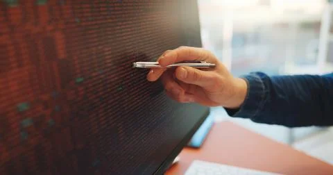 Review, code and hand in office with computer screen, software error or dat.. Stockfoto's