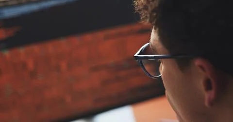 Review, code and man in office with computer screen, software error or data.. Stockfoto's