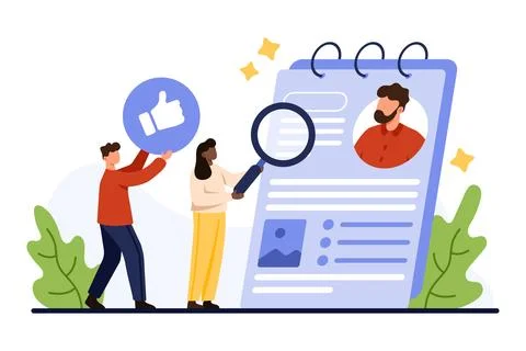Review data of employees CV, tiny people with magnifying glass research Stock Illustration