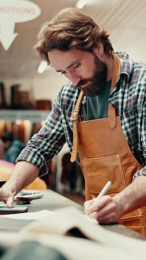 Review, notes or man in workshop with leather, creative insight or stock control Stock Footage 332892744