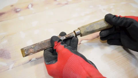 Review of the old chisel and prepare it for restoration. Stock Footage 155884610