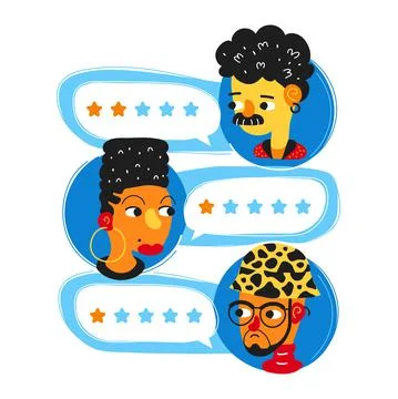Review rating bubble speeches and people avatars. Simple flat style cartoon Stock Illustration