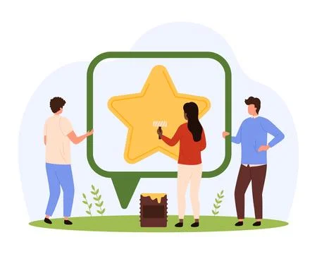 Review service for customers feedback, tiny people holding speech bubble with 스톡 일러스트