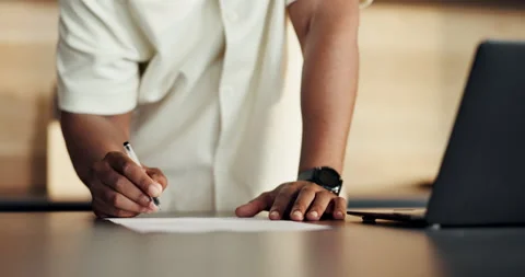 Review, signature or hands with document in home, property transfer agreement or Stock Footage 336852840
