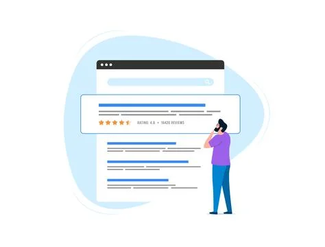 Review snippets concept. SERP Features and Rich Snippets based on customer Illustrazione stock