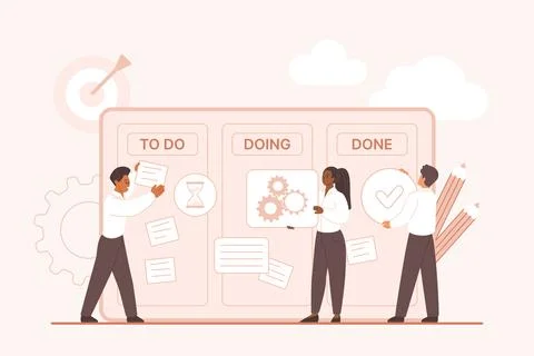 Review of work cycle and project development process with Kanban board and tiny 스톡 일러스트