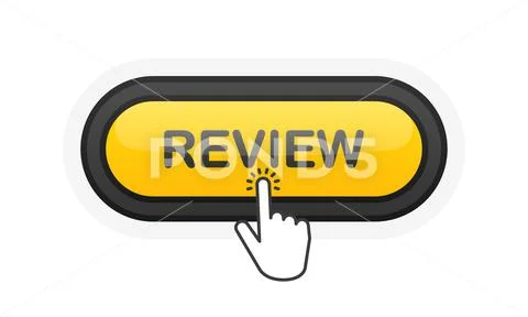 Review yellow realistic 3D button isolated on white background. Hand ...