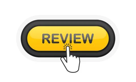 Review yellow realistic 3D button isolated on white background. Hand clicked. Illustrazione stock