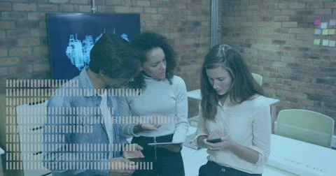 Reviewing 3D schematic team at office desk, holding tablet, phone, sticky not Stock Photos