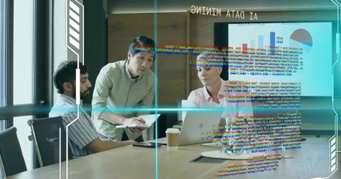 Reviewing AI data mining chart, three colleagues collaborating in boardroom, Stock Photos