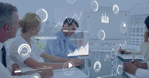 Reviewing AR data, team of five in conference room wearing business attire Stock Photos