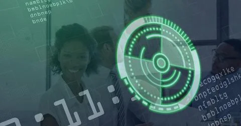 Reviewing business team examining code with green HUD overlay in conference Stock Photos