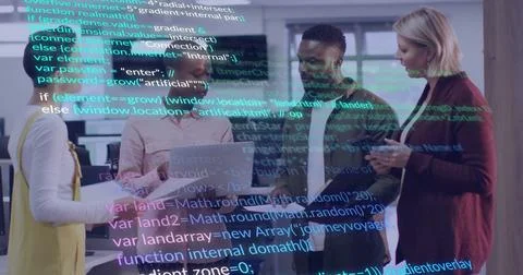 Reviewing code, tech team collaborating in modern office with laptop smartphone Stock Photos