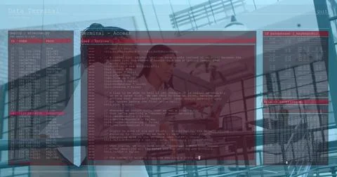 Reviewing code two engineers leaning at glass partition in open-plan office, 스톡 사진
