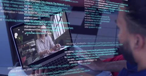 Reviewing dev in dark tee typing at home, laptop showing woman in light shirt, Stock Photos