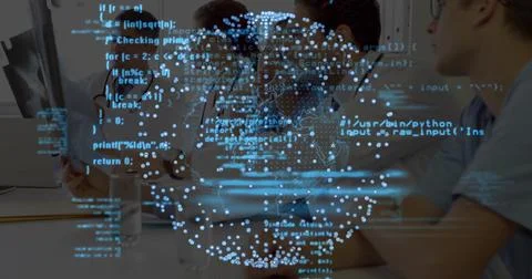 Reviewing docs and code overlay, five-person team meeting in office with Stock Photos