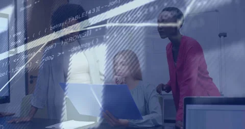 Reviewing documents, business team with coding animation overlay in office Stock Footage 303675997