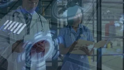 Reviewing documents, healthcare professionals using futuristic digital animation Vídeo Stock 304079495